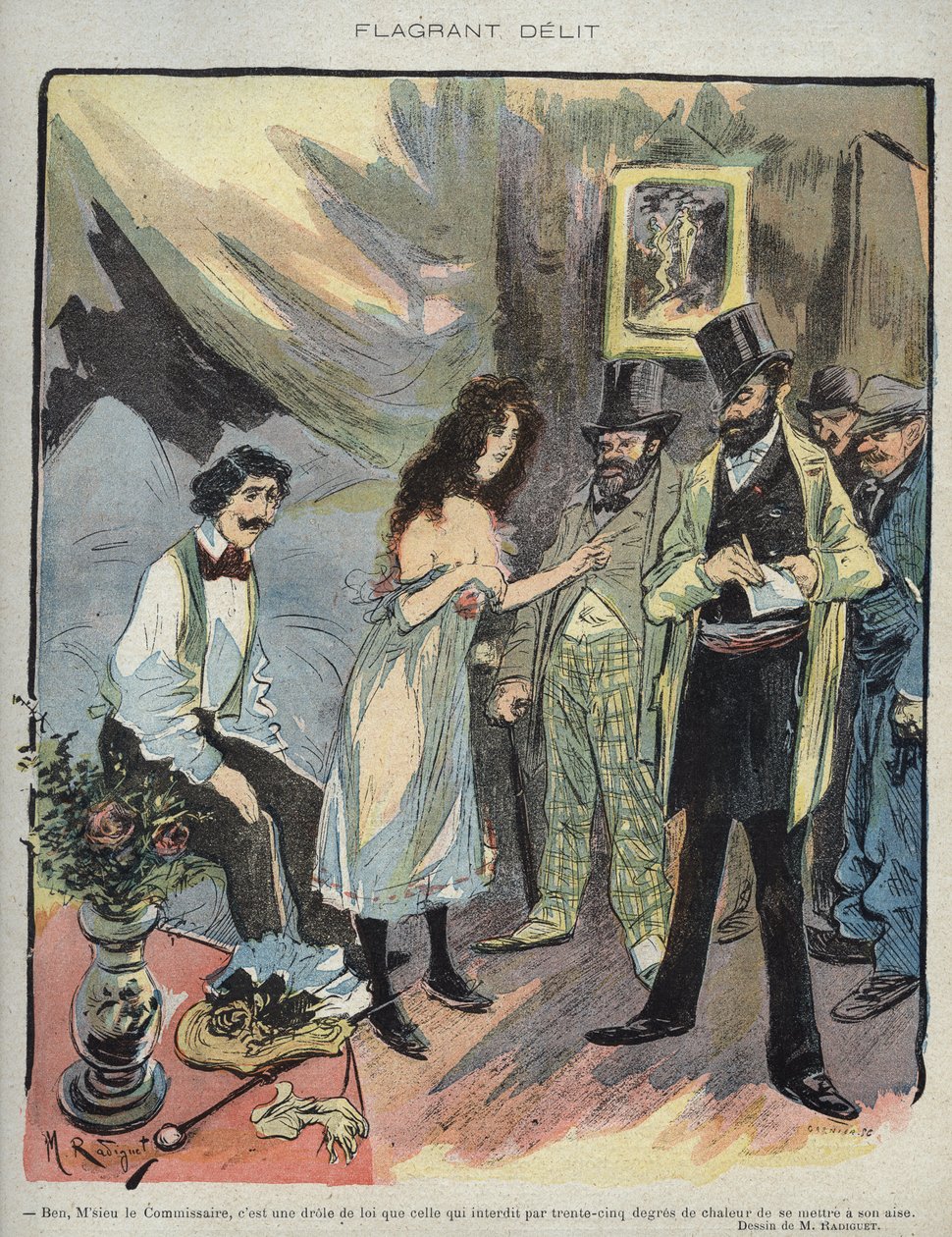 Ilustração de Maurice Radiguet (1866-1941) para a revista francesa "Le Rire" número 46 de 1895 - "Flagrant Delit" - Ben monsieur comissário, é uma lei engraçada que proíbe por 35 graus de calor de ficar à vontade" de Maurice Radiguet