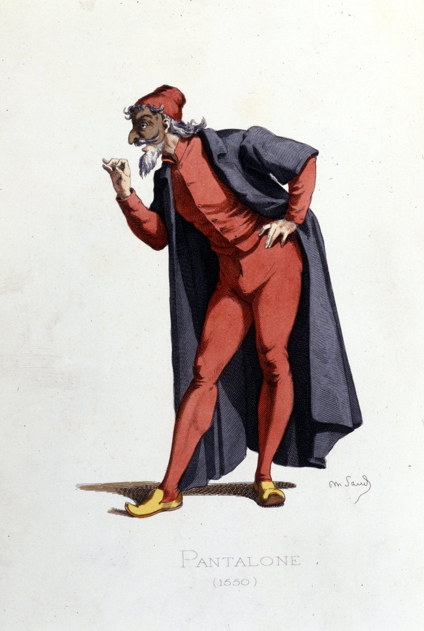 Figurino e personagem de teatro: Pantalone (en fr. Pantalone, doutor) desenha de "Masques et bouffons" (comédia italiana: Commedia dell