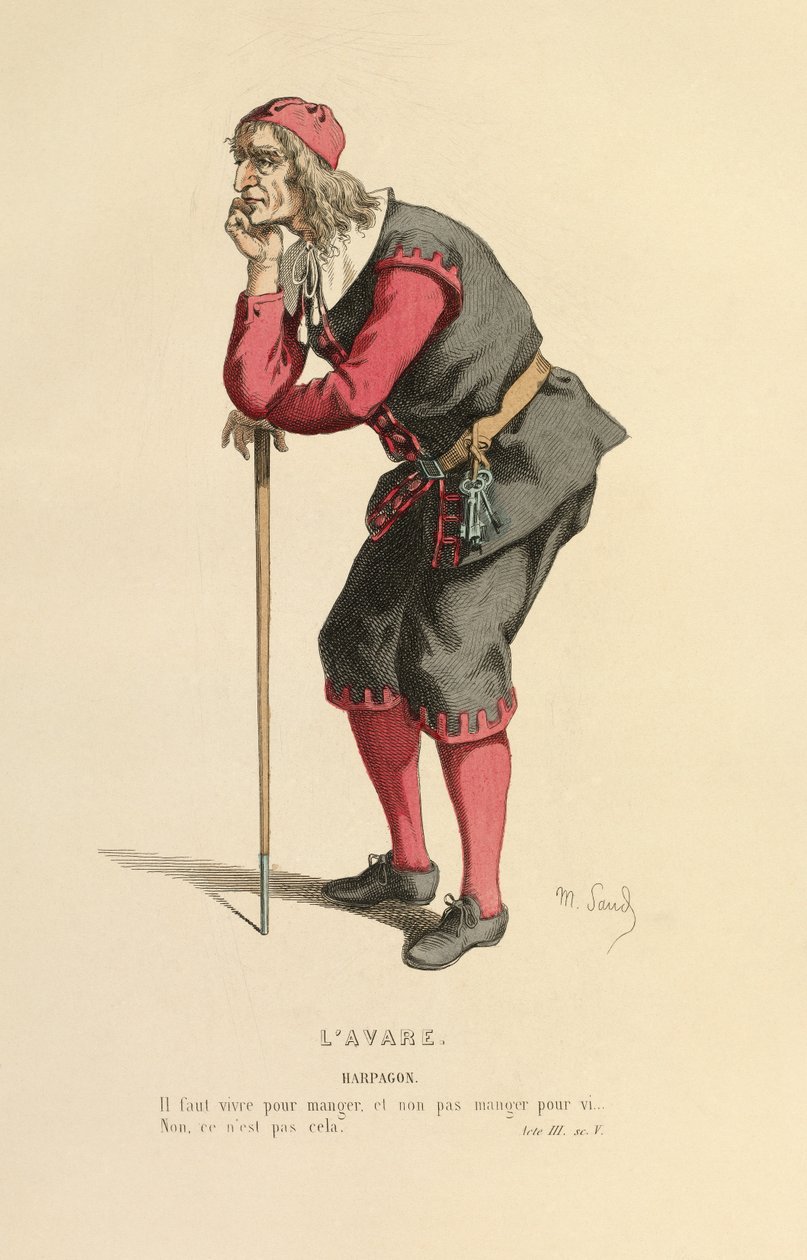 Traje para o papel de Harpagon, c.1868 (gravura) de Maurice Sand