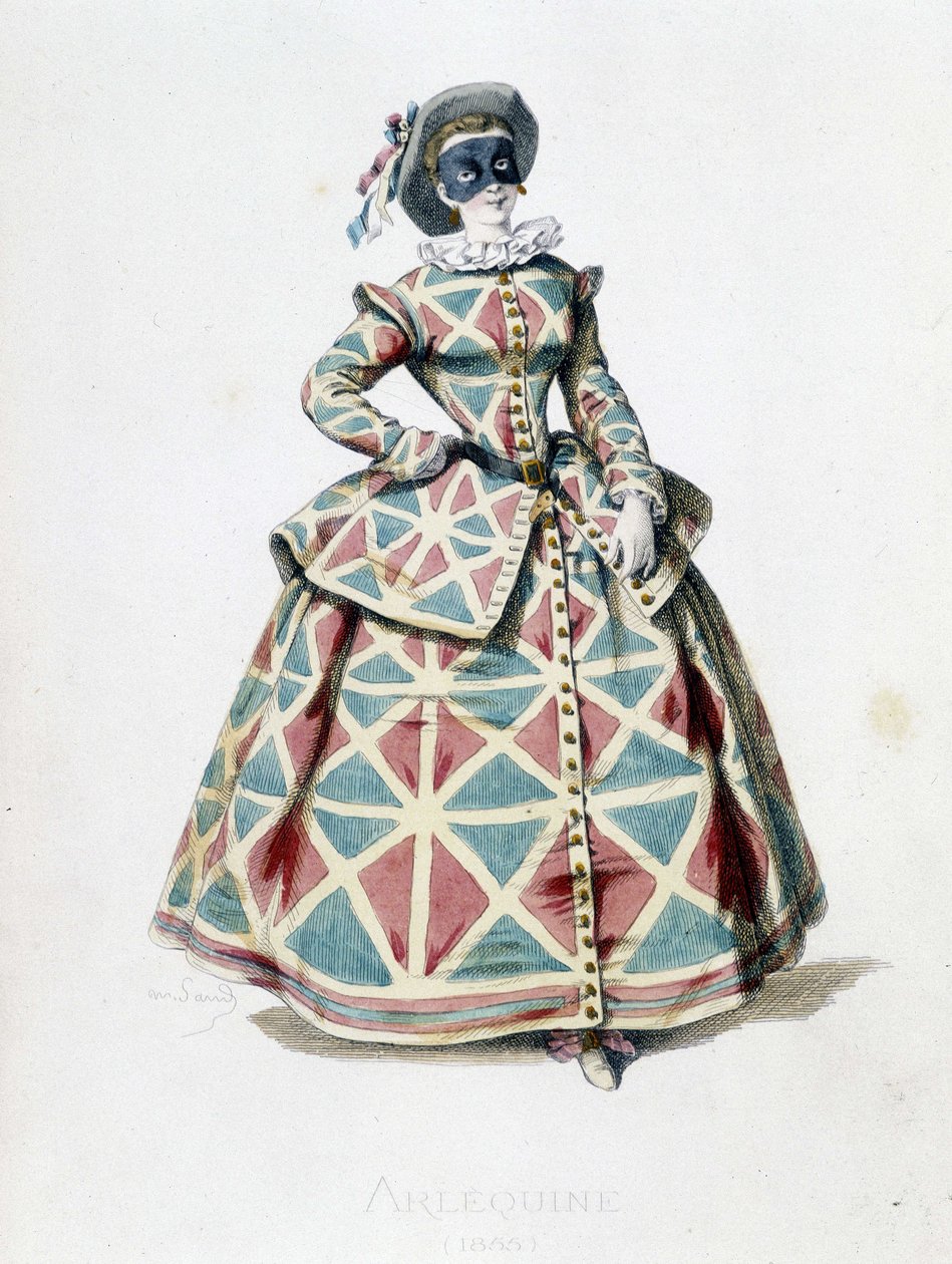 Fato e máscara de Arlequim em 1855, personagem feminina de Arlequim na commedia dell