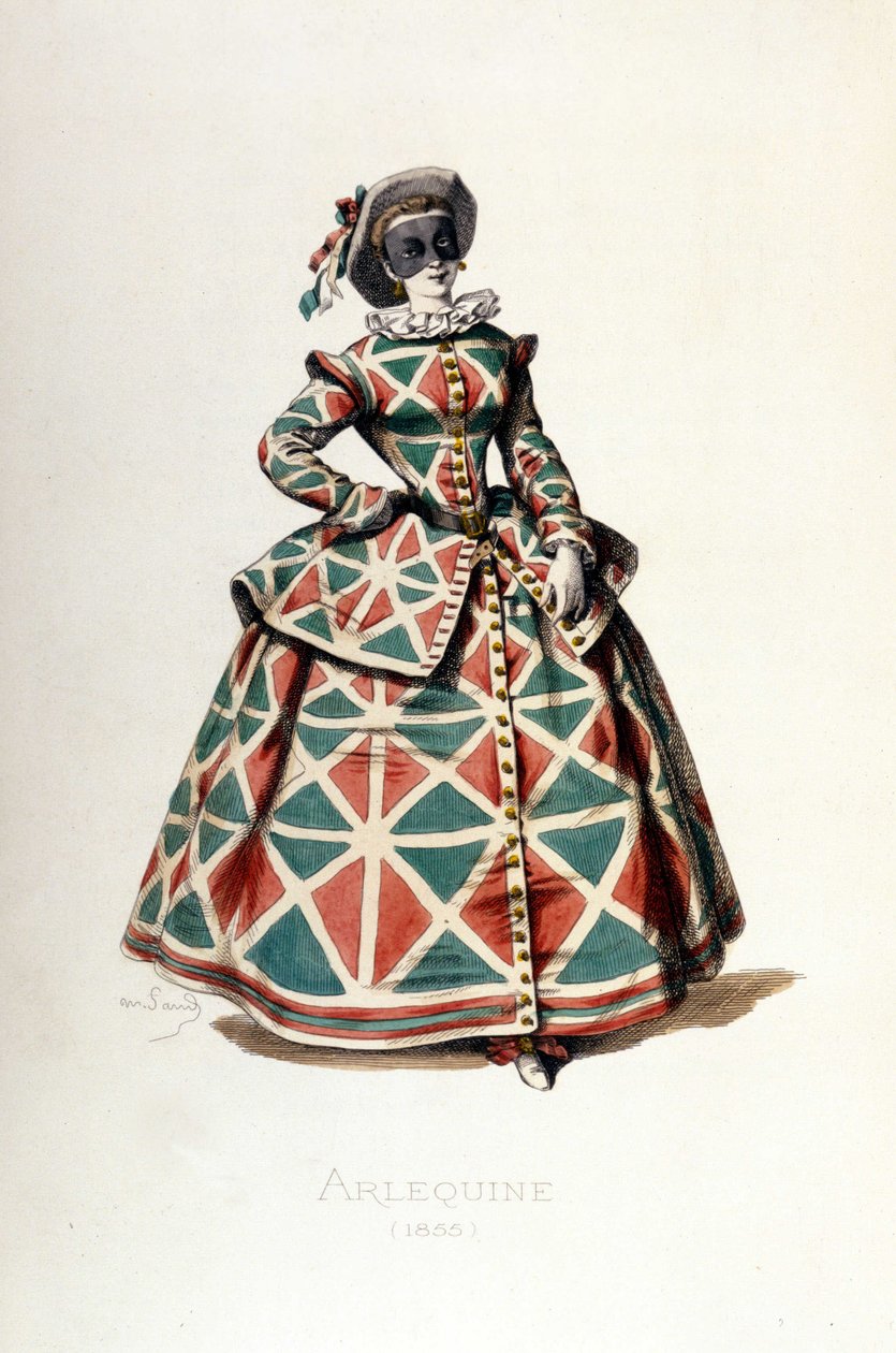 Fato e máscara de Arlequim em 1855, personagem feminina de Arlequim na commedia dell