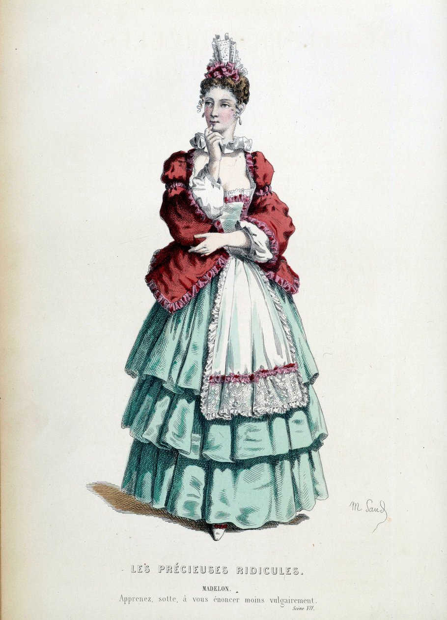 O traje de Madelon na peça "Les precieuses ridicules" de Jean Baptiste Poquelin dit Moliere, ilustrado por Maurice Sand (1823-1889). 1868. Paris, comédia francesa de Maurice Sand