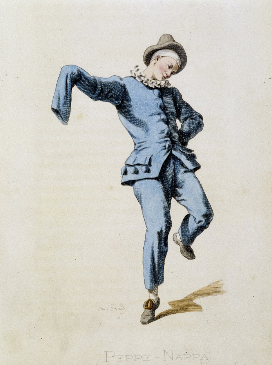 Peppe Nappa (Pierrot ou Peppe-Nappa) desenhos de "Masques et bouffons" (comédia italiana), textos e desenhos de Maurice Sand, gravuras de A. Manceau, prefácio de Georges Sand, Paris, Michel Lévy Frères de Maurice Sand