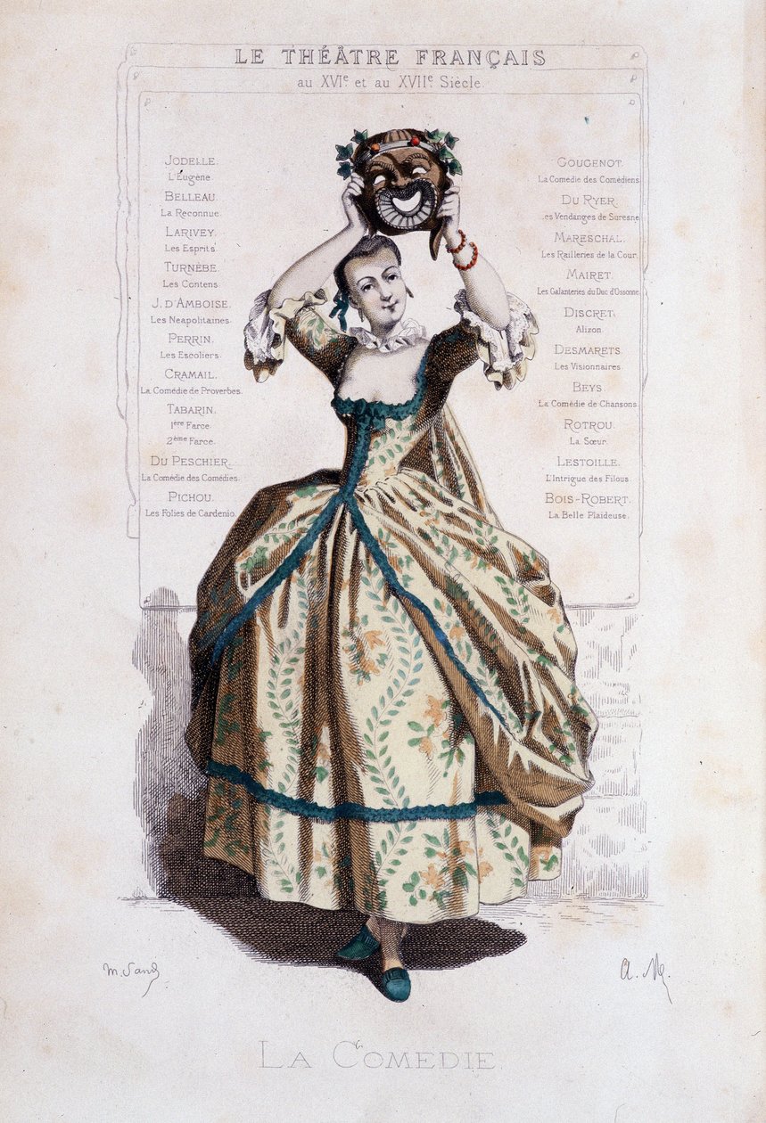Personification de la commedia del arte. - Frontispice de "Masques et bouffons" (comédia italiana), textos e desenhos de Maurice Sand (= Maurice Dudevant), gravuras de A. Manceau, prefácio de Georges Sand, Paris, Michel Lévy Frères de Maurice Sand
