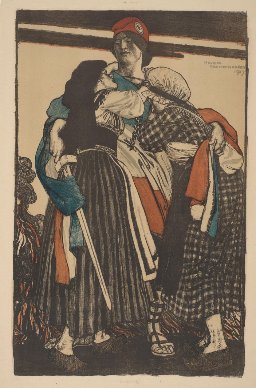 Mulher com espada abraça duas crianças Restauração da Alsácia-Lorena para a França (título original) Grande Guerra: Esforços e Ideais da Grã-Bretanha (título da série) A Grande Guerra: Esforços e Ideais da Grã-Bretanha (título original da série) de Maurice William Greiffenhagen