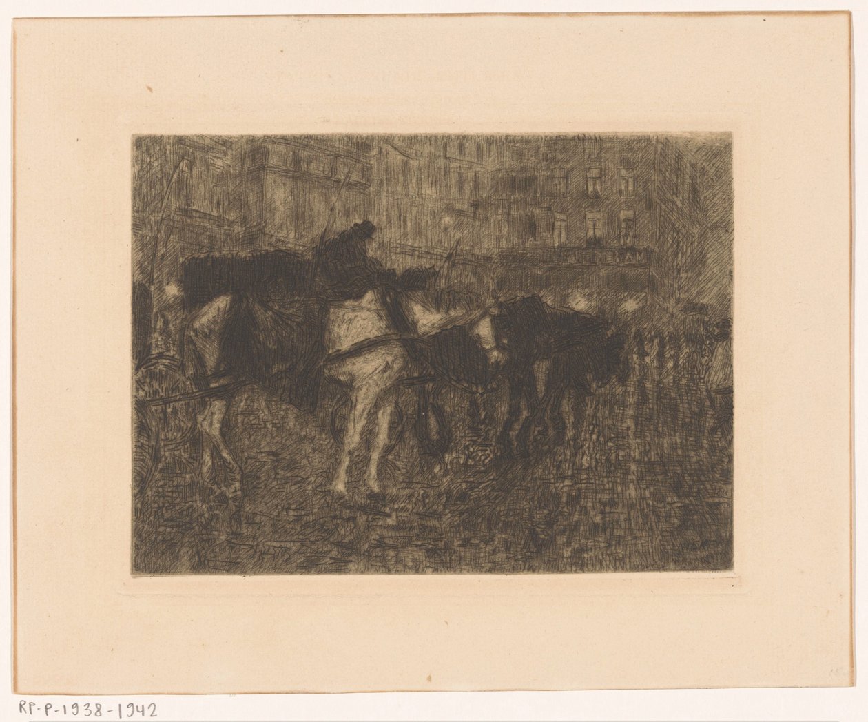 Treinam cavalos numa praça da cidade à noite de Maurits Niekerk
