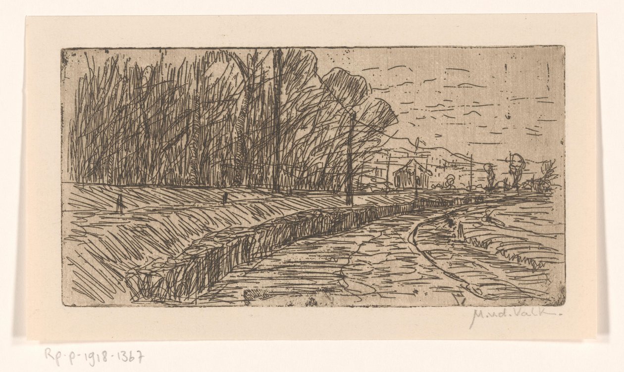 Paisagem com estrada, beira da floresta e postes de electricidade de Maurits van der Valk (signed by artist)