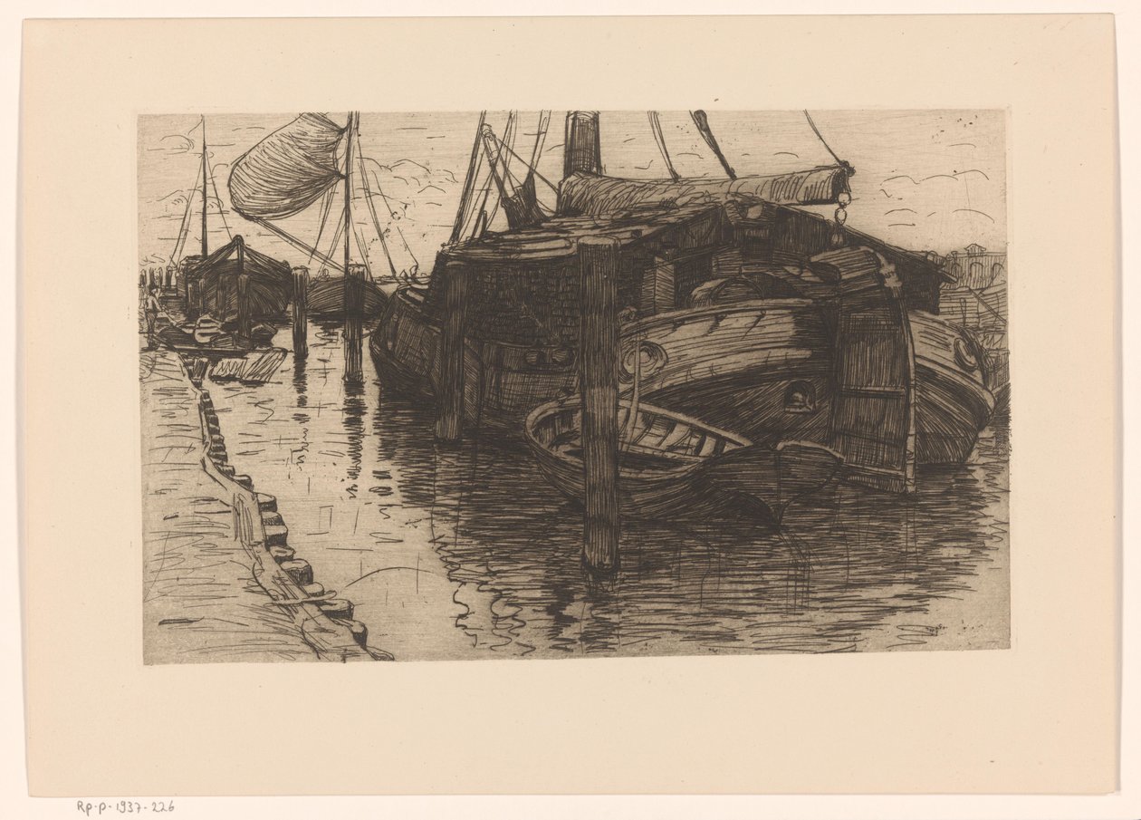 Barcos ancorados em um porto Barcaça à vela ancorada (título original) de Maurits van der Valk