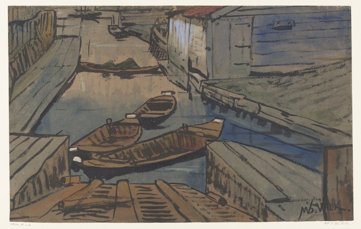Barcos numa vala entre celeiros de Maurits van der Valk