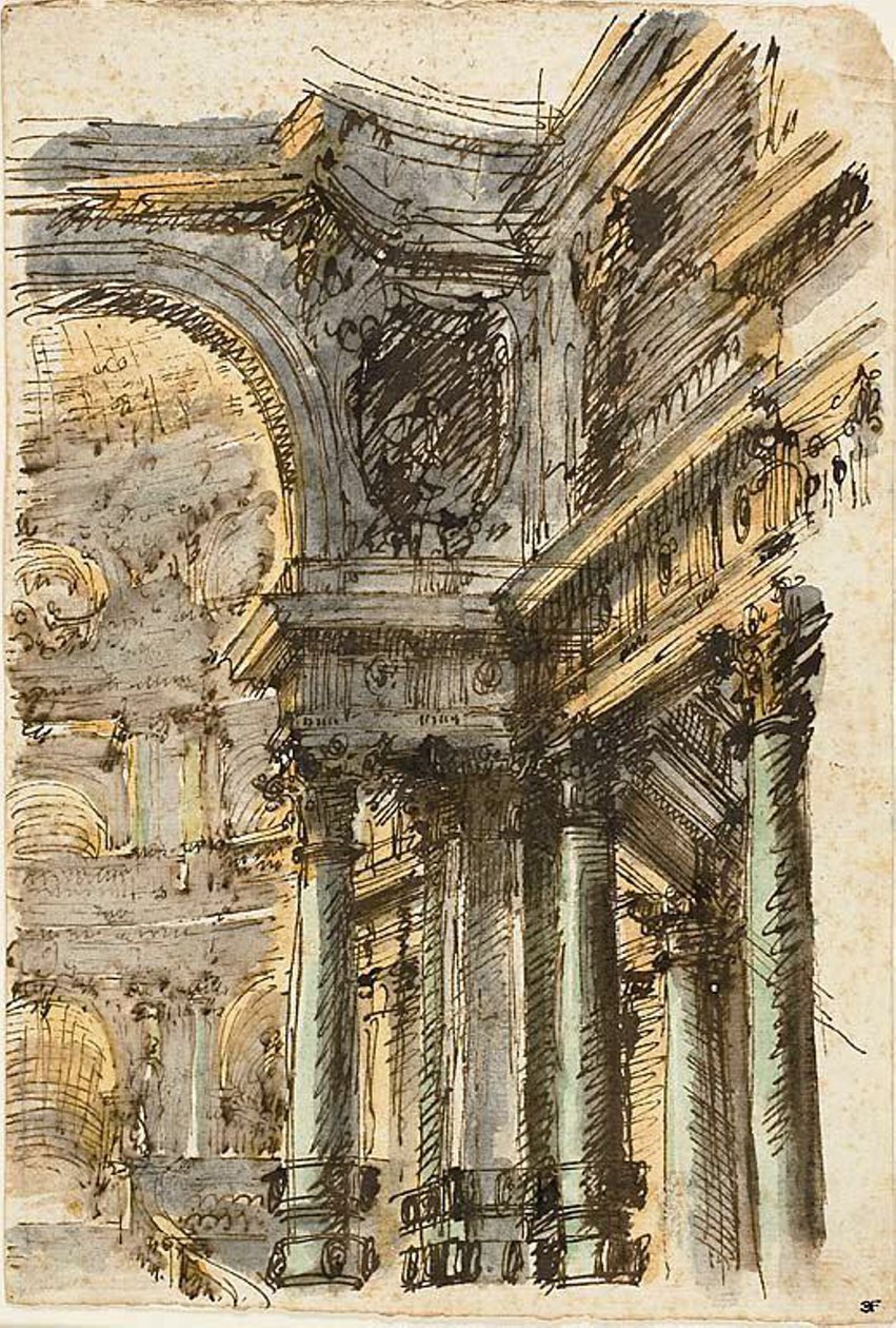 Fantasia Arquitetônica (reto); Detalhes arquitetônicos (verso) de Mauro Antonio Tesi