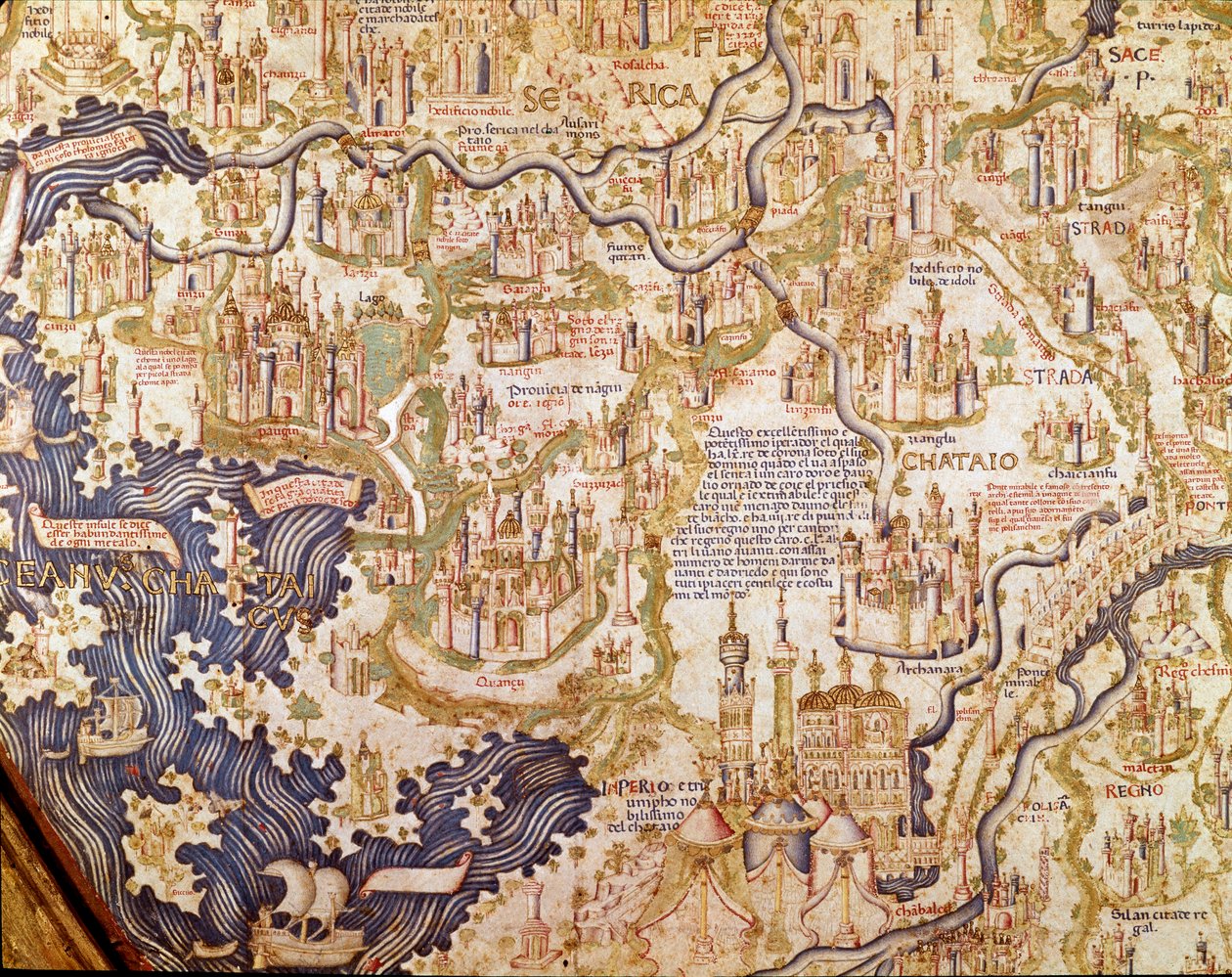 Vista da China (Cambaluc, agora Pequim) Detalhe do mapa do mundo (mappamundi) do irmão Maurus (Mauro) Camaldolese 1459 (mapa) de Mauro Fra