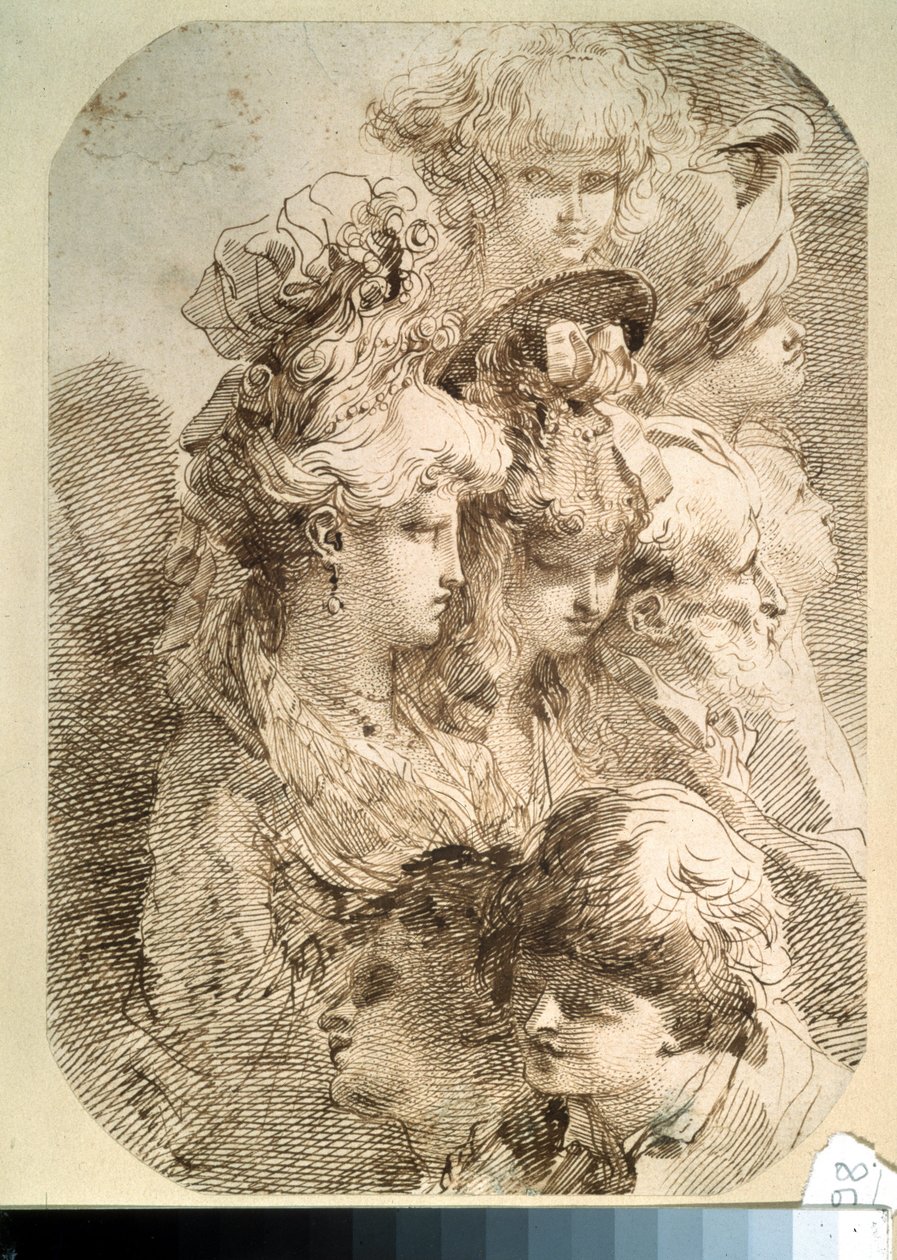 Estudo de oito cabeças. (Estudos de oito cabeças). Desenho de Mauro Gandolfi (1764-1834). arte italiana. Lápis e nanquim marrom sobre papel. Museu Pushkin, Moscou de Mauro Gandolfi