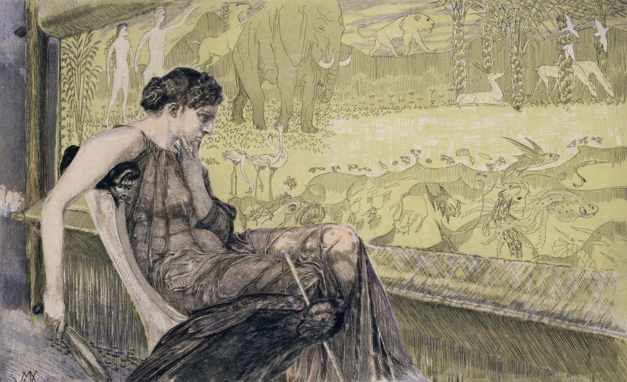 Penelope tecendo uma mortalha para Laertes seu sogro enquanto aguarda o retorno de seu marido Ulisses, 1895 (gravura colorida) de Max Klinger