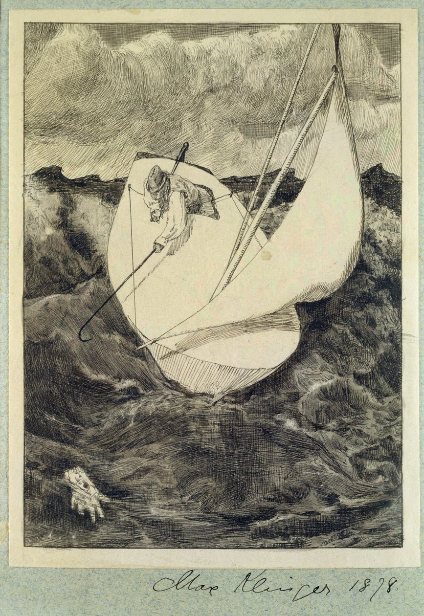 Salvamento de "Paráfrase na descoberta de uma luva", pub. 1881, 1878 (tinta indiana lavada e caneta) de Max Klinger