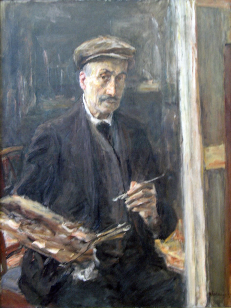 Auto-retrato com boné de esportes no easelnGerman: Selfportrait with Sportmutze e um Staffelein: n de Max Liebermann