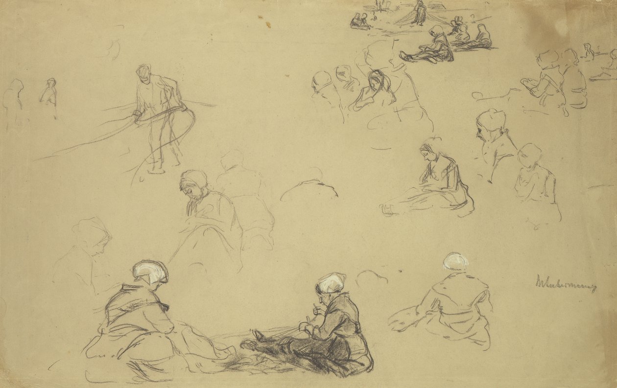Um estudo de reparadores de rede (giz e carvão sobre papel) de Max Liebermann