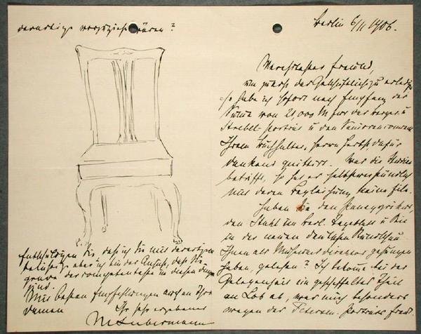 Notas de artistas e esboço de uma cadeira (tinta no papel) de Max Liebermann