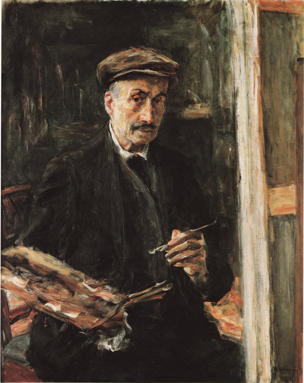 Selfportrait com tampa de esportes no cavalete de Max Liebermann