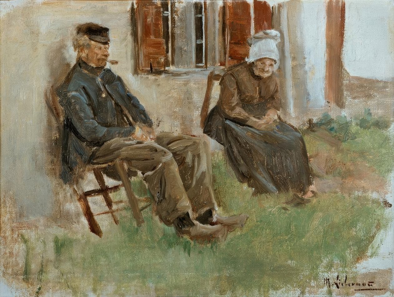 Estudo da Holanda: casal de idosos sentados em frente a uma casa de Max Liebermann