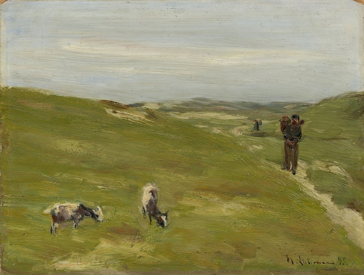 Prado com fazendeiro e pastoreio de cabras de Max Liebermann