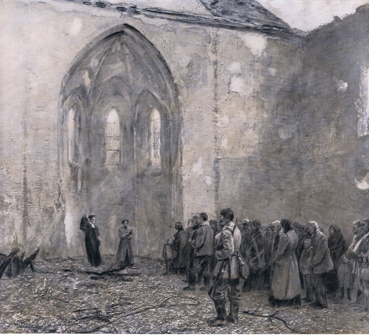 Prússia Oriental após os "dias de terror" russos. O primeiro serviço na igreja devotada em Luck, ilustração de Hindenburg publicado por Daterlandischer Derlag CU Weller Berlin, 1922 de Max Rabes