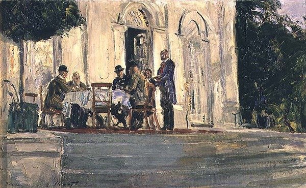 Jantar no Terraço Badenburg no Castelo Nymphenburg, 1908 de Max Slevogt
