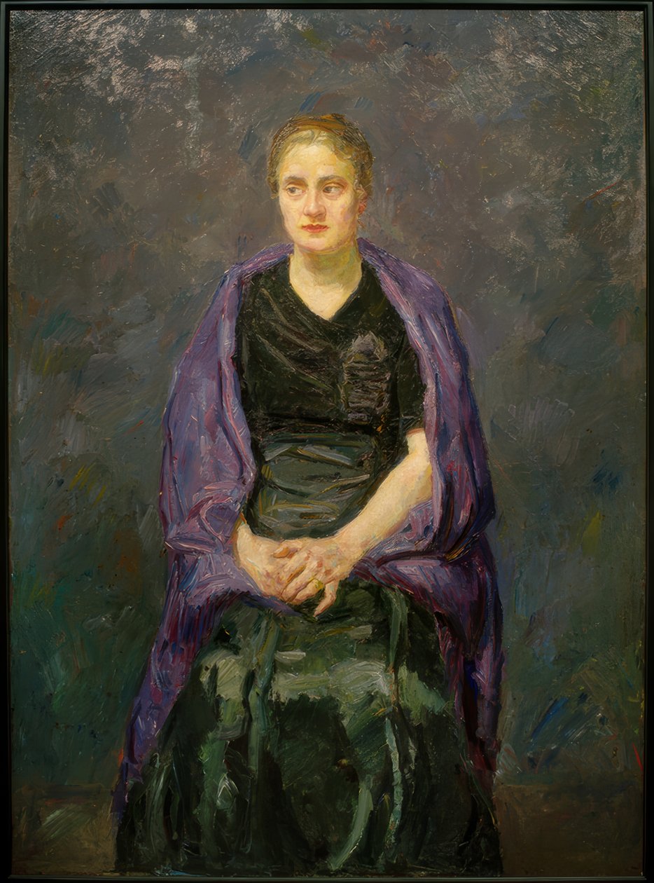 Retrato de Minna Beckmann-Tube com lenço púrpura de Max Beckmann