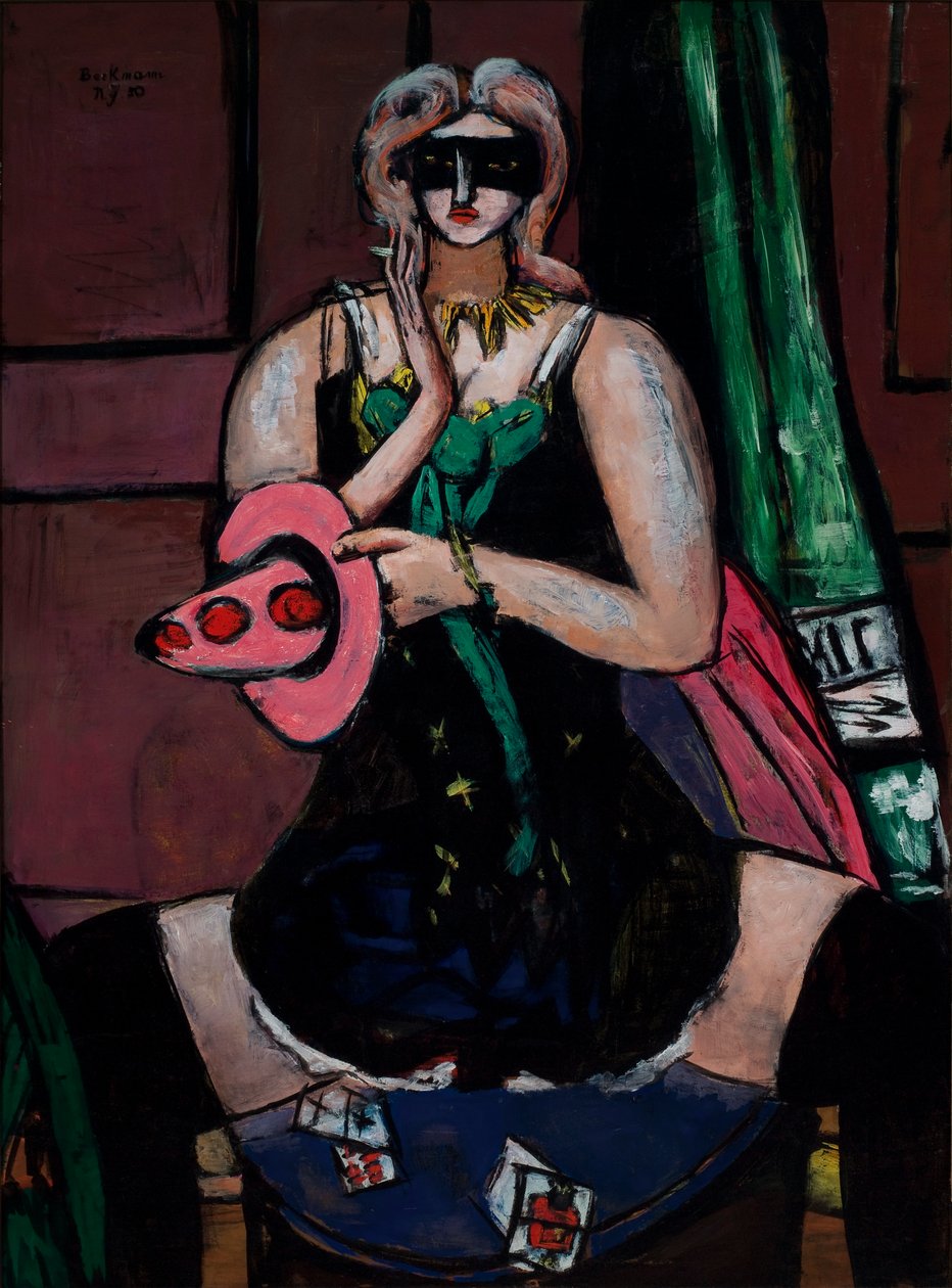 Máscara de Carnaval, Verde, Violeta e Rosa (Columbine) de Max Beckmann