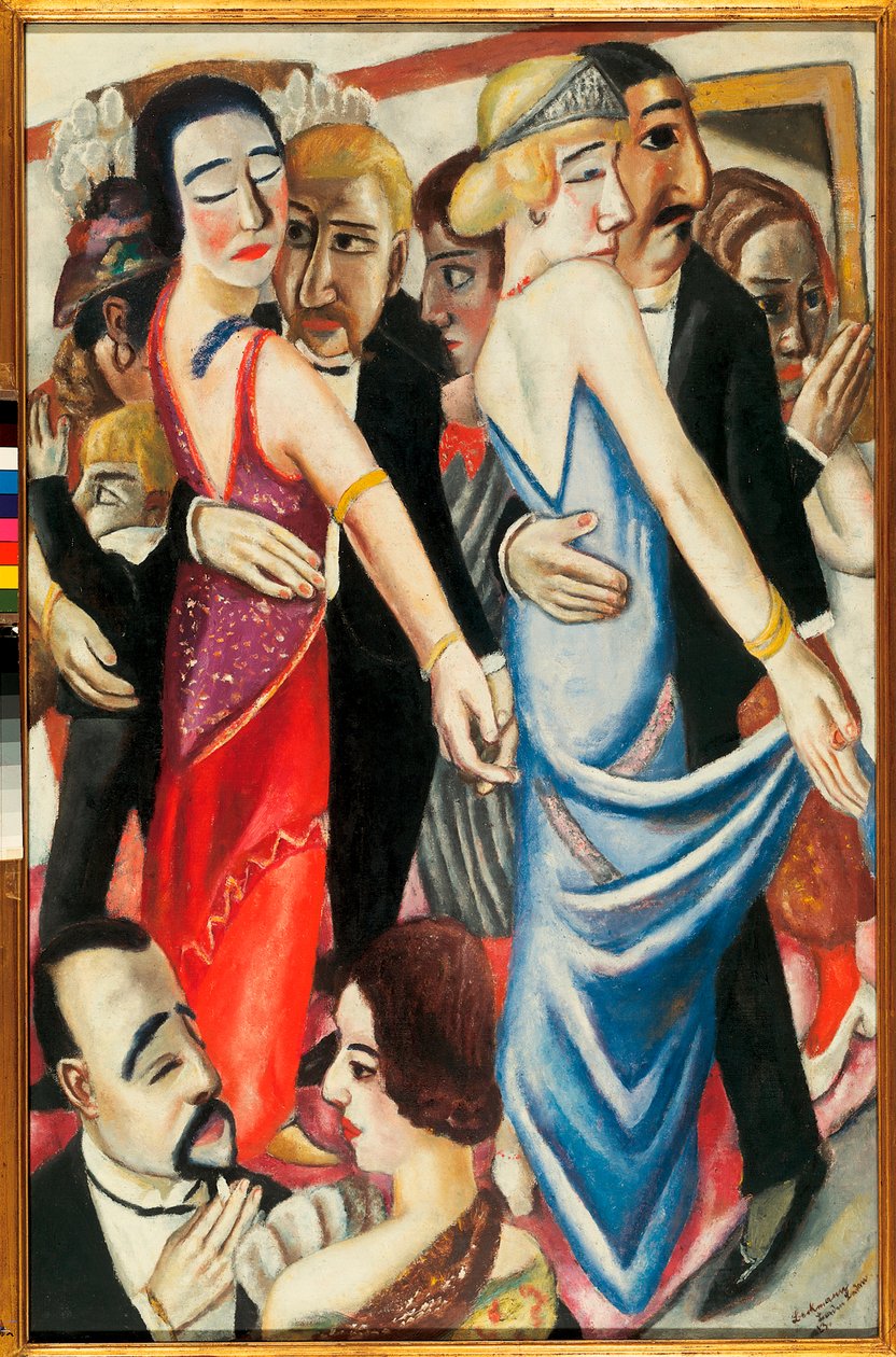Dança em Baden Baden (Alemanha). Descrição de casais em roupa de noite, com um aspecto triste. Pintura de Max Beckmann (1884-1950), óleo sobre tela de Max Beckmann