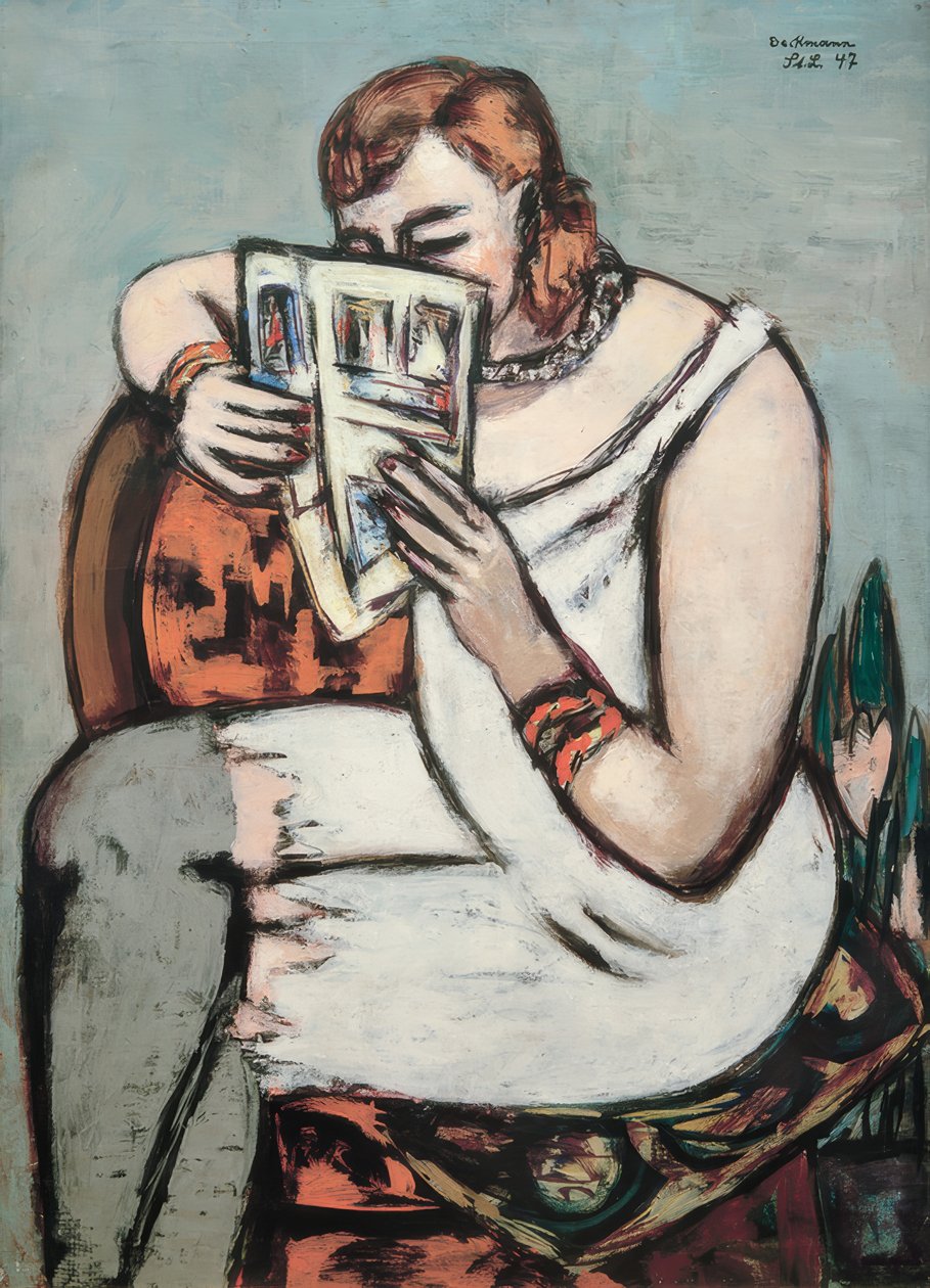 Mulher de camisa branca (leitura) de Max Beckmann