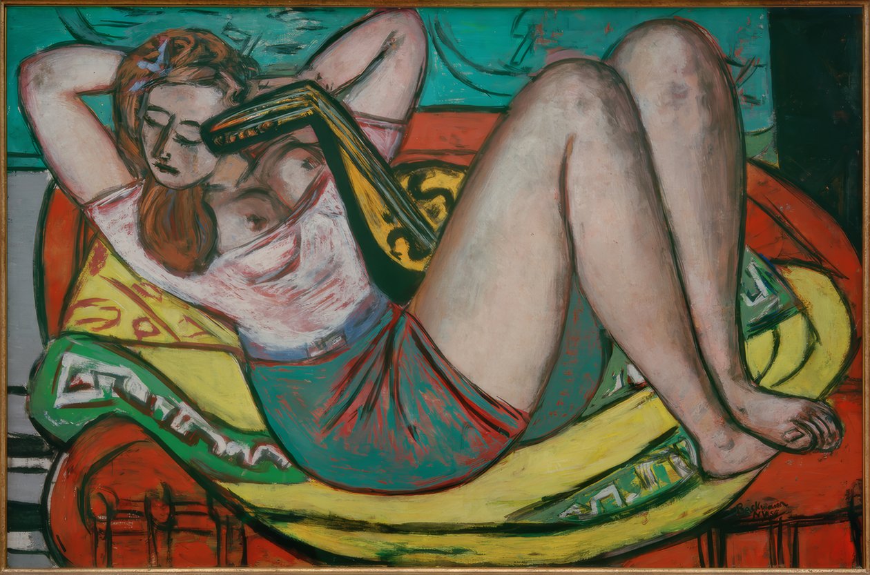 Mulher com Bandolim em Amarelo e Vermelho de Max Beckmann
