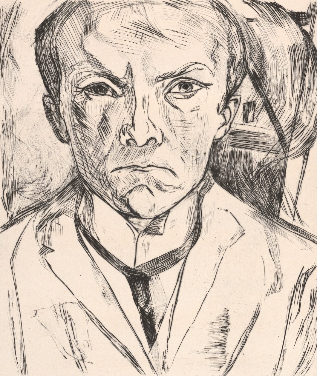 Autorretrato frontal com frontão de uma casa ao fundo de Max Beckmann
