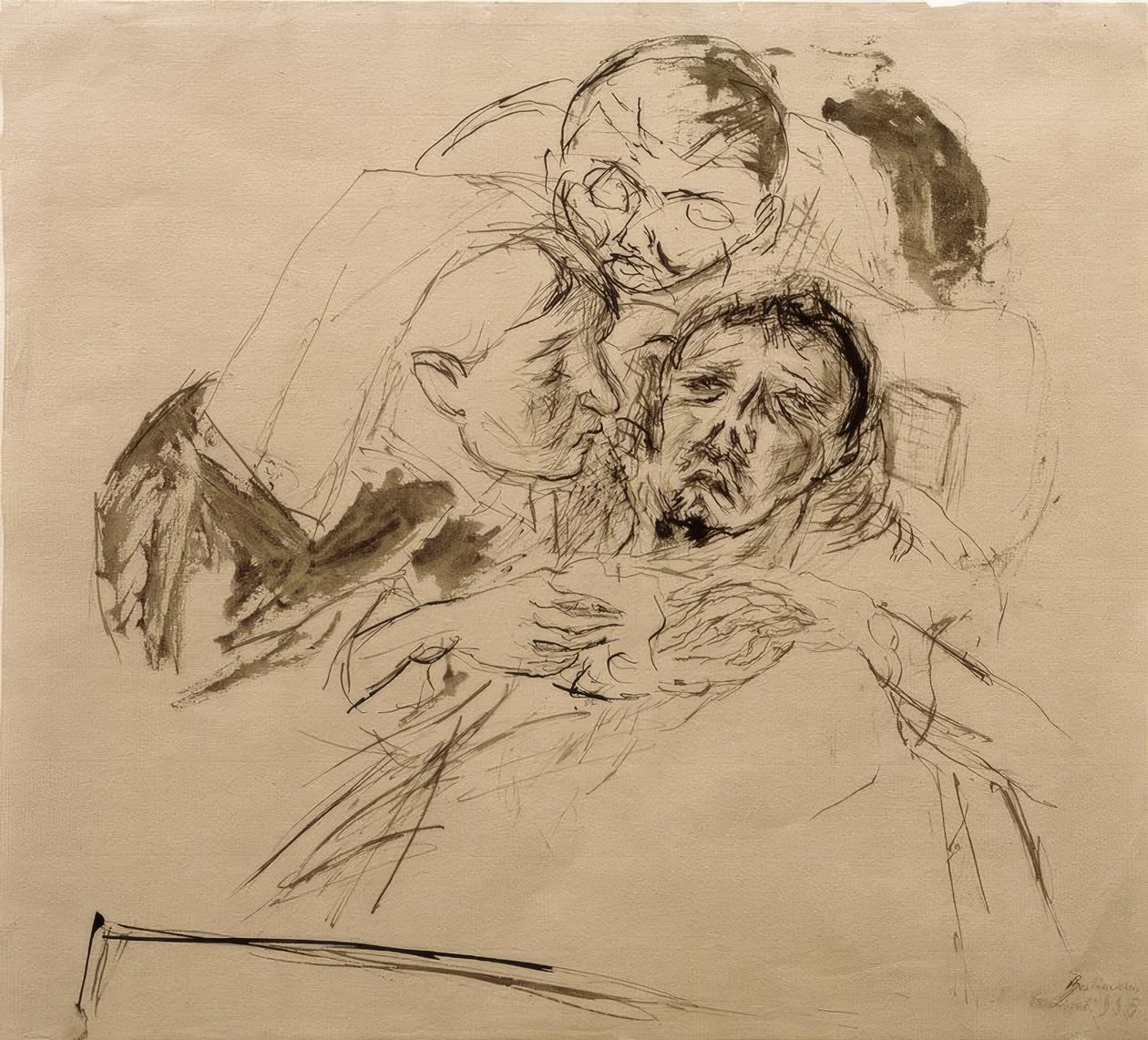Enfermeiro e figura masculina dobrando-se sobre uma pessoa doente de Max Beckmann