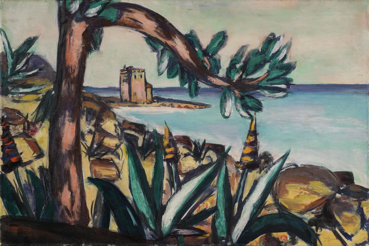 Paisagem marítima com agaves e um castelo antigo de Max Beckmann