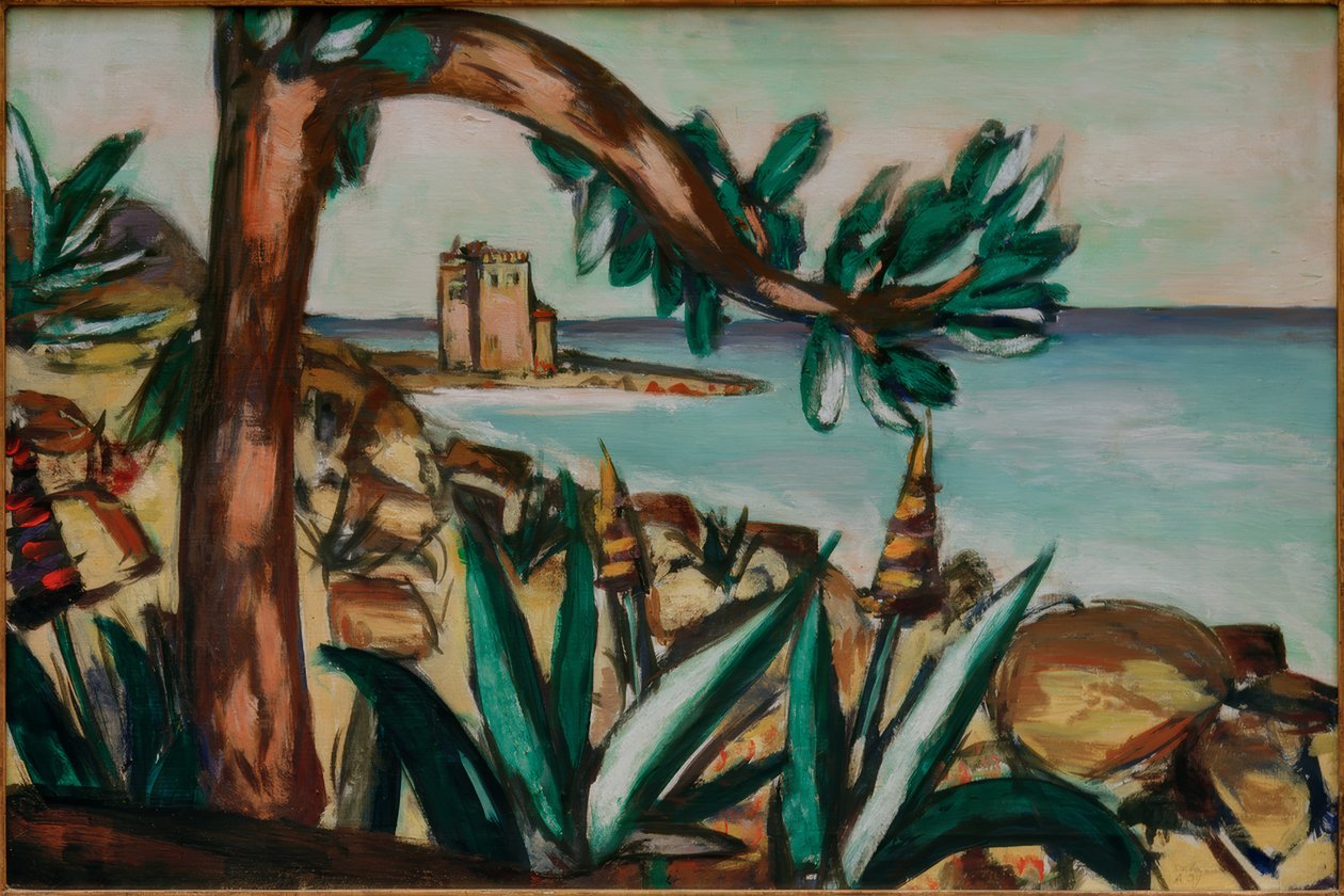 Paisagem marítima com castelo antigo e agaves de Max Beckmann