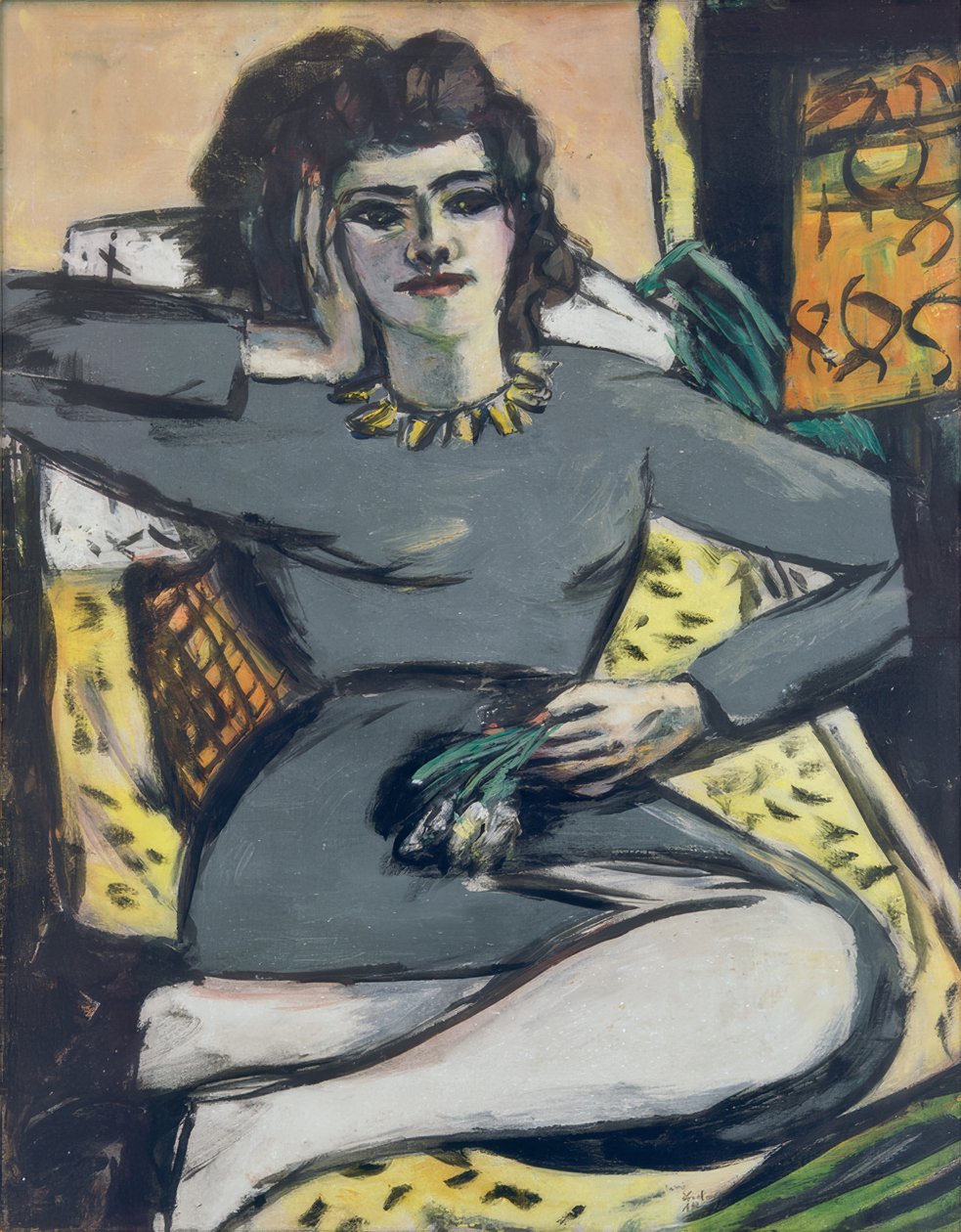 Mulher com cravos em repouso, retrato de Quappi de Max Beckmann