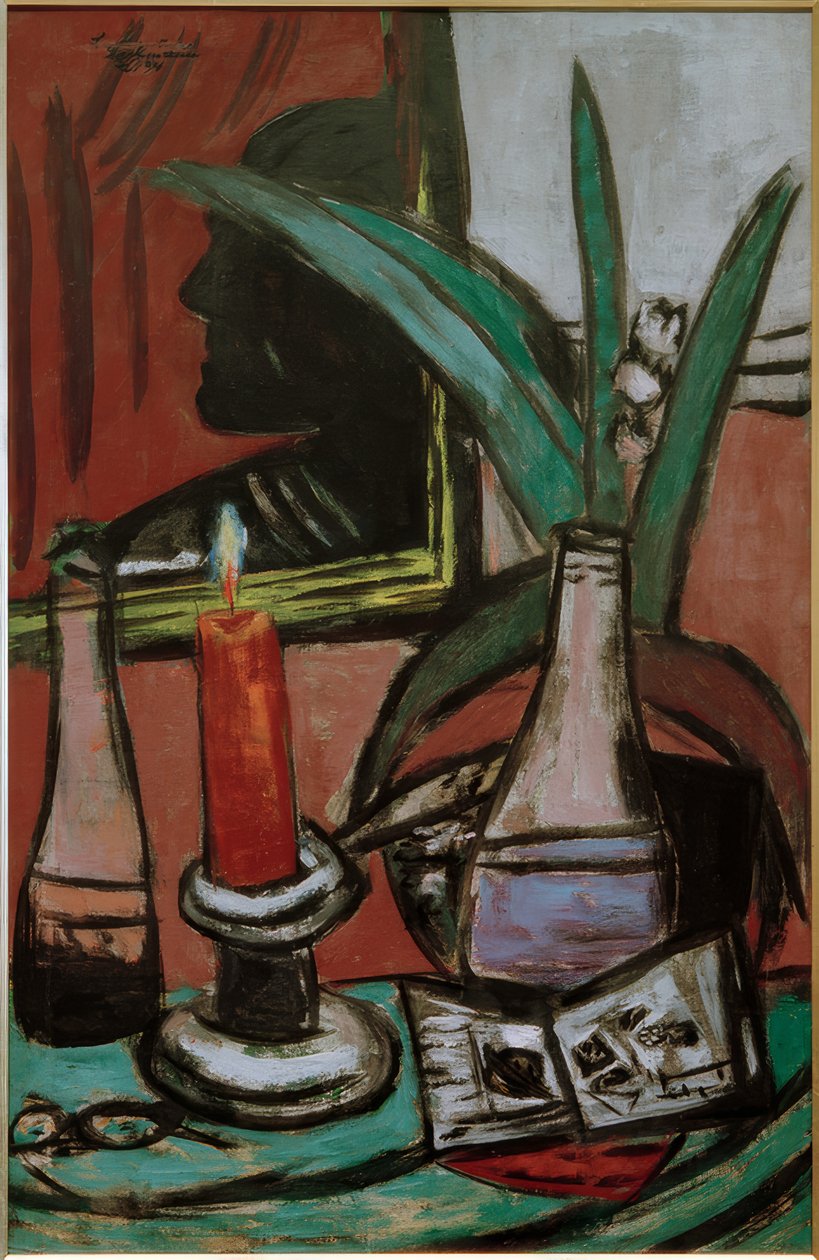 Auto-retrato no espelho grande com vela de Max Beckmann