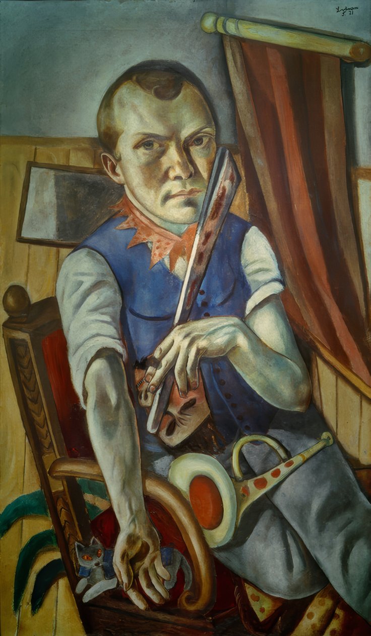 Auto-retrato com berço e trompete (Auto-retrato como palhaço) de Max Beckmann