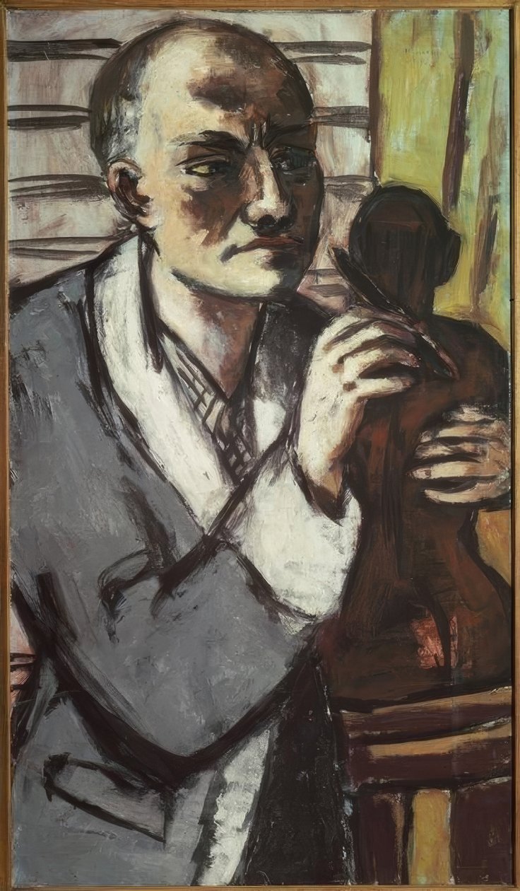 Auto-retrato com roupão cinzento de Max Beckmann