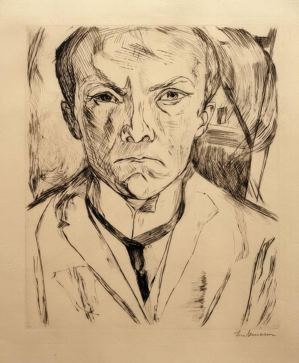 Auto-retrato da frente, empena da casa ao fundo de Max Beckmann