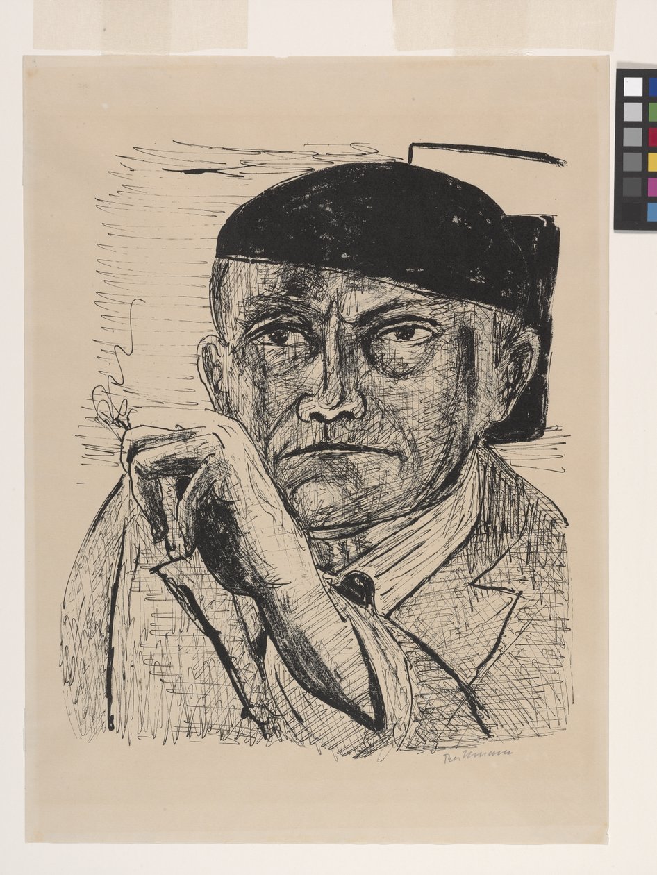 Auto-retrato (Selbstbildnis) (litografia em papel de velino esmaltado de esmalte branco) de Max Beckmann