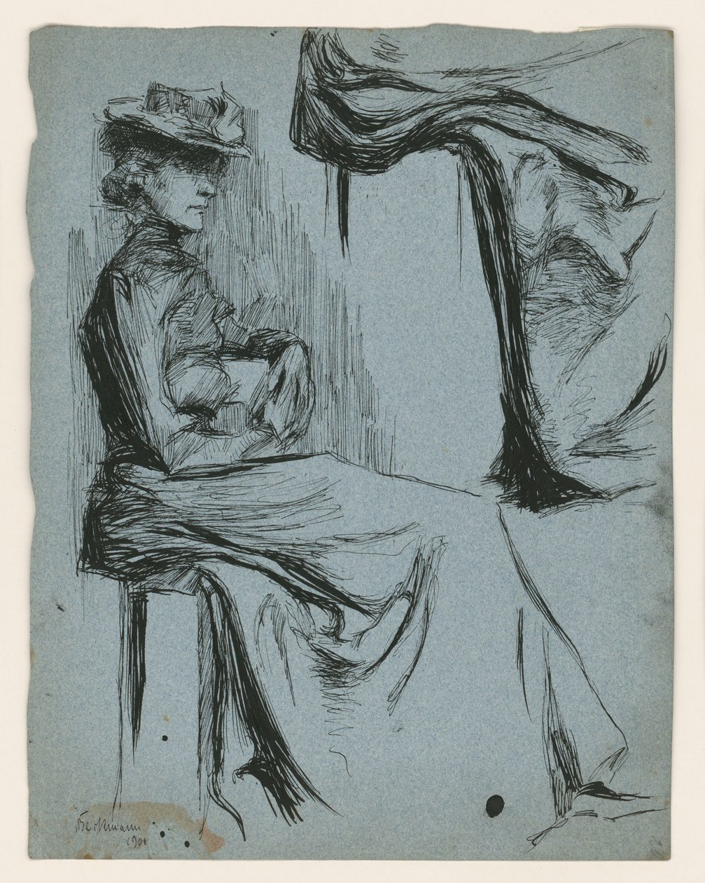 Mulher sentada com chapéu, de perfil para a direita, e estudo de pormenor do seu vestido de Max Beckmann