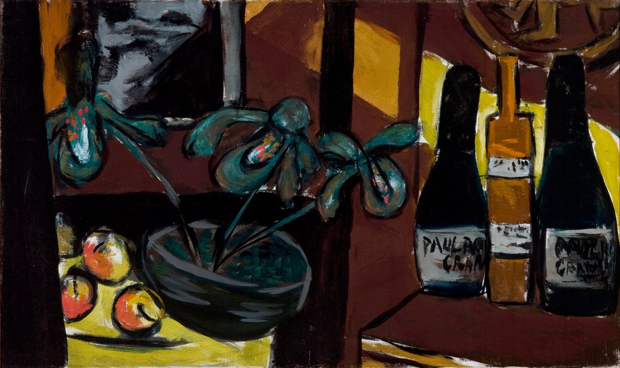 Natureza Morta em Castanho e Amarelo (Garrafas e Orquídeas de Champanhe) de Max Beckmann