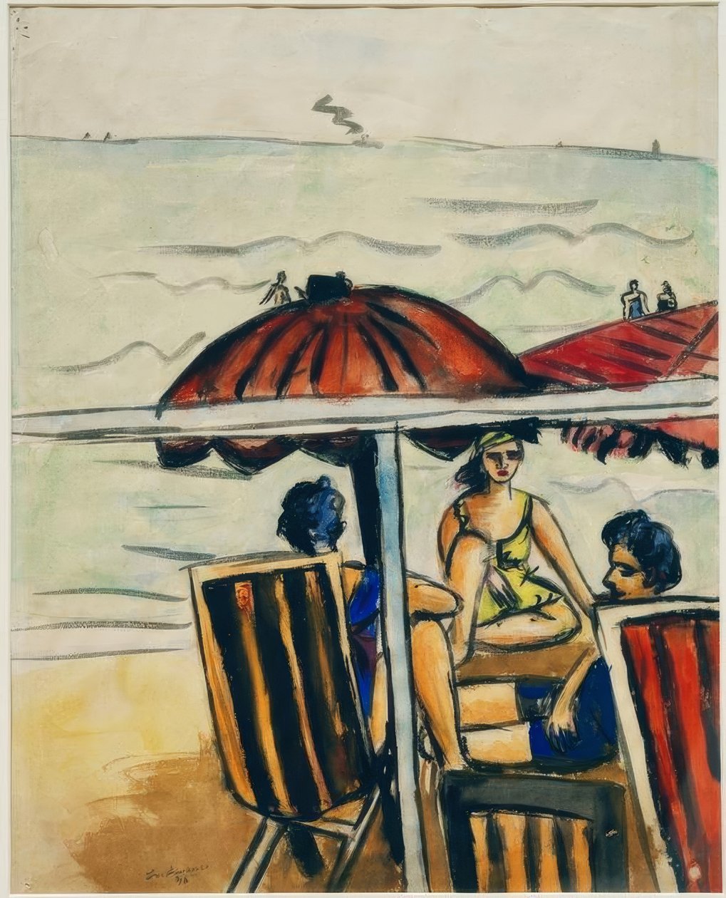 Cena da praia com guarda-sóis de Max Beckmann