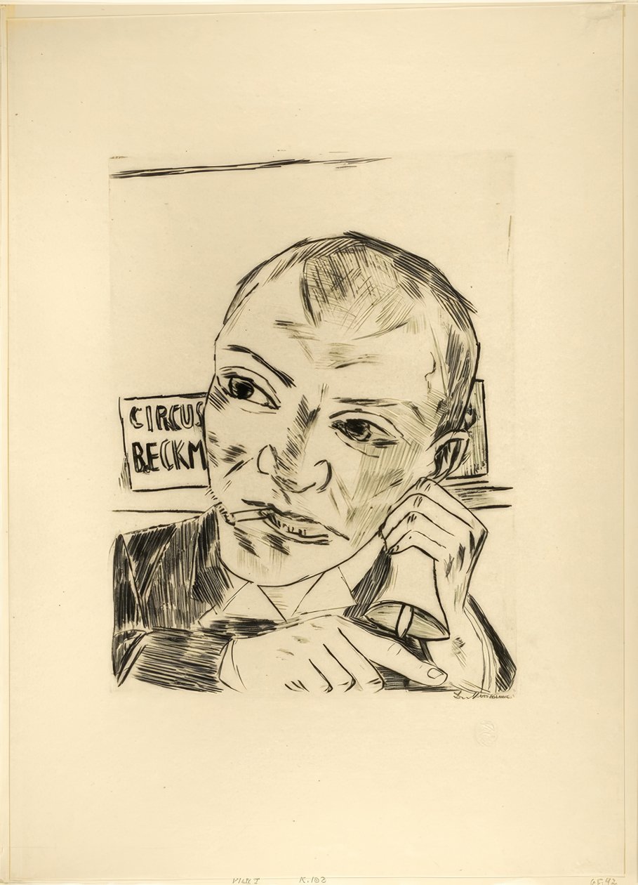O Barker (Auto-retrato), placa um de Jahrmarkt de Max Beckmann