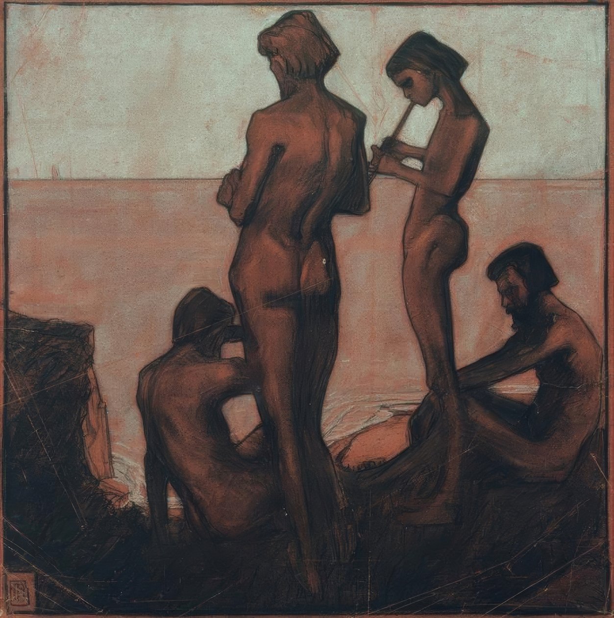 Vier junge Männer am Meer (Quatro jovens à beira-mar - Quatro figuras masculinas à beira-mar) de Max Beckmann