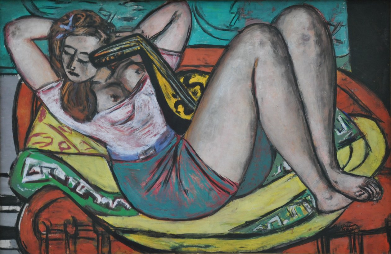 Mulher com um bandolim, vestida de amarelo e vermelho de Max Beckmann