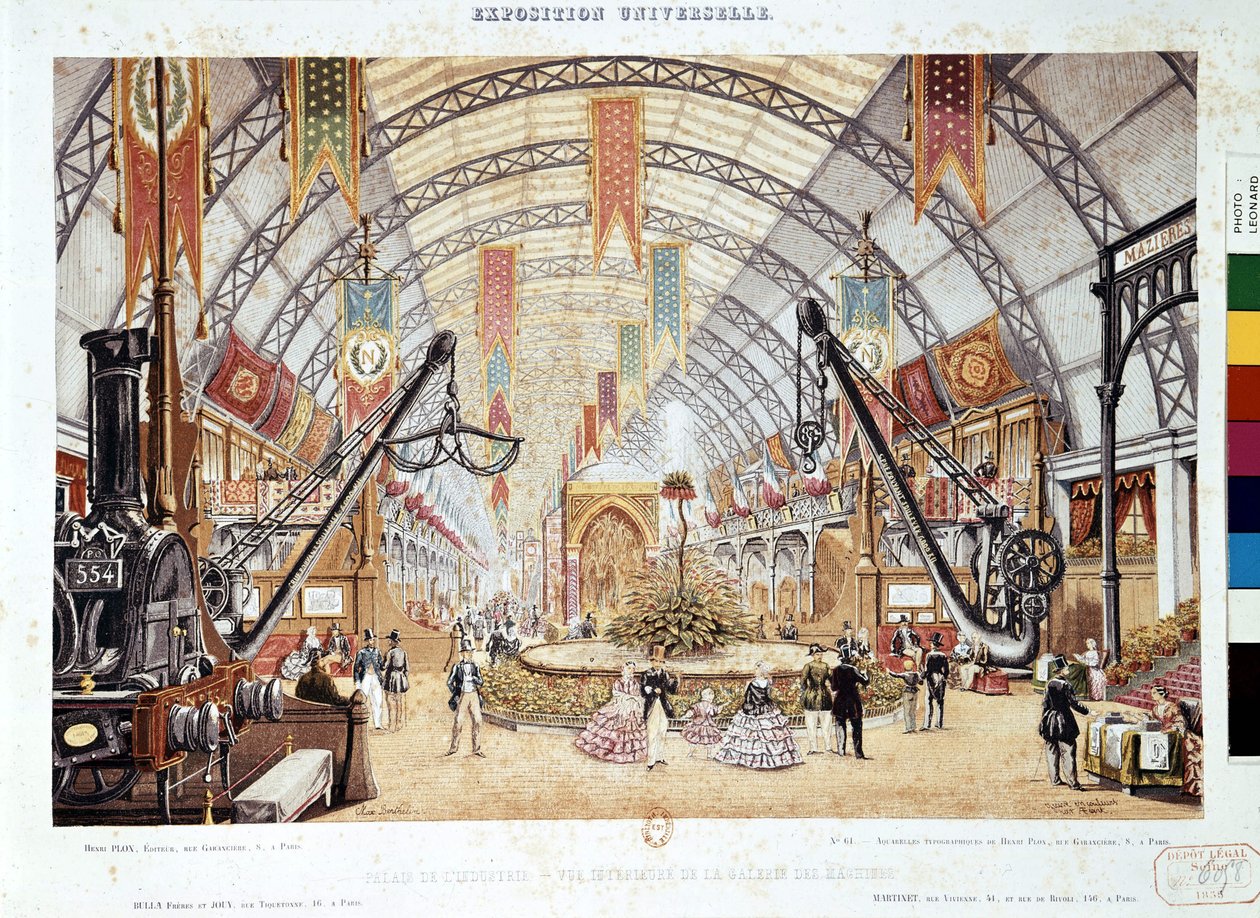 Exposição Universelle 1855: Vista interna da casa das máquinas no Palais de l "Industrie, 1855 de Max Berthelin