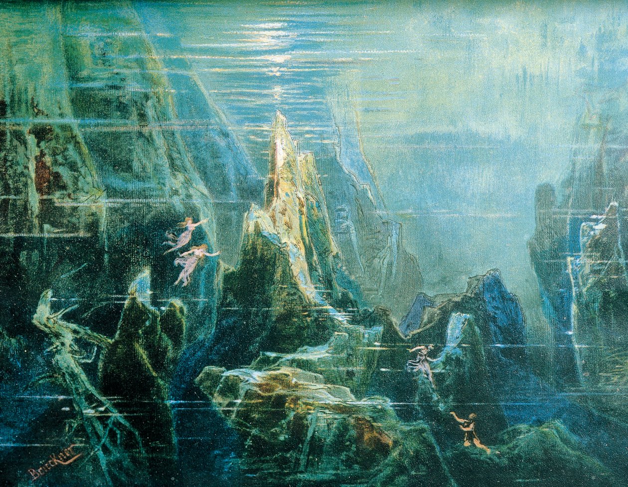 Alemanha, Bayreuth, Desenho de cenário para a apresentação O Anel do Nibelung - The Rhinegold de Richard Wagner, as filhas do Reno de Max Bruckner