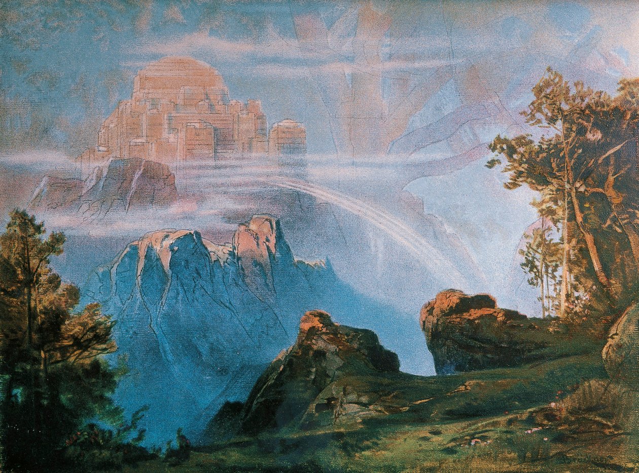 Alemanha, Bayreuth, Walhalla, cenário para o desenho cênico do Anel de Nibelungs de Richard Wagner (1813-1883) de Max Bruckner